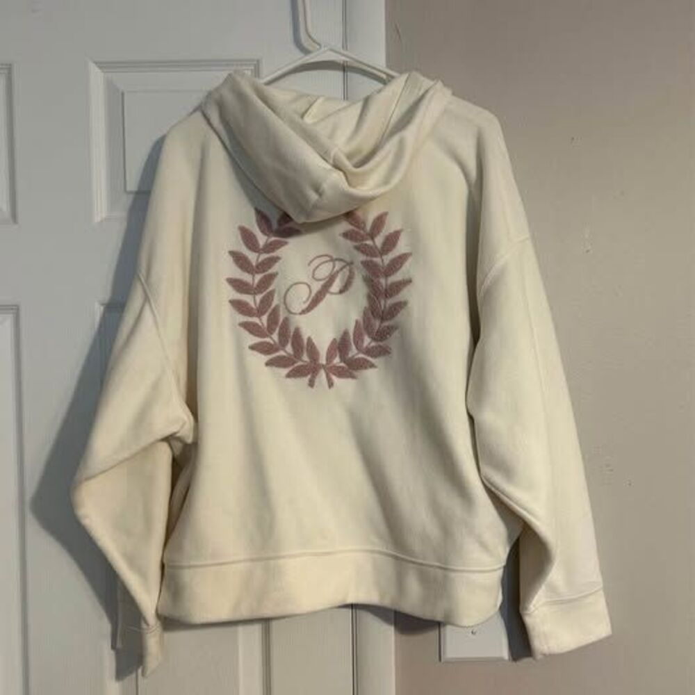 Victoria’s Secret PINK Hoodie XL Ivory Fleece Embroidered Logo NWT $59.95